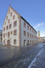 Old town hall built in 1564 with stepped gable and St. Johannes Cathedral, Bad Mergentheim market