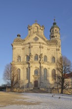 Late Baroque monastery church with snow in winter, Benedictine monastery, Neresheim, Härtsfeld,