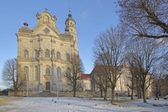 Late Baroque monastery church with snow in winter, Benedictine monastery, Neresheim, Härtsfeld,