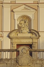 Portal with coat of arms and Madonna figure at the Benedictine monastery, Neresheim, Härtsfeld,