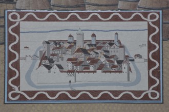Historical wall by artist group Kollektiv K 2020, wall mosaic with historic city fire, cityscape