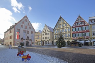 Old town hall built in 1564 with stepped gables and half-timbered houses, market square, Bad