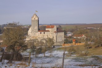 Katzenstein Castle built in 11th century in winter with snow, landscape, Dischingen, Härtsfeld,