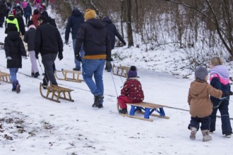 Sledgers pull their sledges up in Berlin's Fritz Castle Park on 03.01.2026