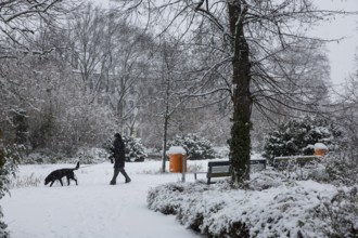 A walker with a dog runs through the small zoo on 03.01.2026