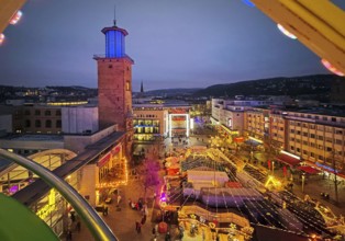 View of the town hall tower with the Christmas market from a Ferris wheel gondola, Hagen, Ruhr