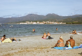 Beach or Plage de la Roya, in the back of Saint-Florent on the Gulf of Saint-Florent in the