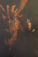 Teufelin, woman with horns with dragon, fog, murmurs, winter, Waldburg Castle, Allgäu,