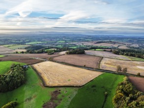 Colours of Devon Farms and Fields over Berry Pomeroy from a drone, Totnes, England, United Kingdom