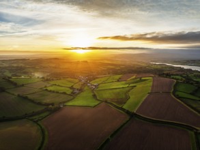Colours of autumn Fields and Farms over Sheldon from a drone, Torbay, Devon, England, United