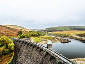 Autumn over Craig Goch Dam from a drone, Elan Valley Reservoirs, Elan Valley, Rhayader, Powys,