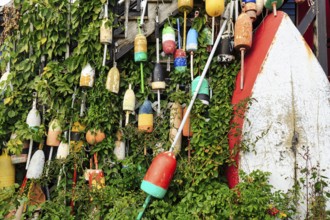 Colorful lobster buoys, boat, decoration, facade detail, seafood restaurant, lobster specialty,