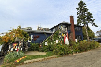 Colorful lobster buoys, decoration at former fishing lodge, seafood restaurant, lobster specialty,