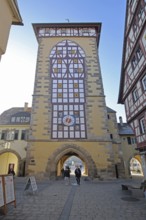 Historic Tübingen Gate built in 1330, city gate, city tower, half-timbered, Reutlingen, Swabian