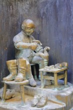 Shoemaker making shoes at Bonifatius Stirnberg's guild fountain 1983, modern art, bronze sculpture,