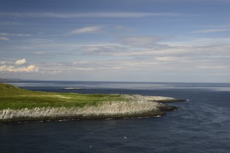 Coast with green vegetation and blue sea on the Barents Sea Varangerfjord under a wide sky with