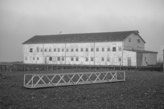 Elongated façade of an old port building in a foggy coastal atmosphere, Vardø, Finnmark, Norway