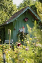 Green garden shed and summer flower garden, allotment garden, Meersburg, Lake Constance,