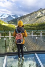Female hiker standing on the glass platform of the glacier skywalk, contemplating the stunning