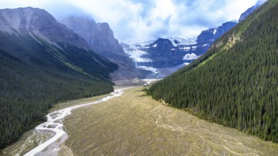 Sun shining on athabasca glacier in jasper national park, alberta, canada, with conifer forest and