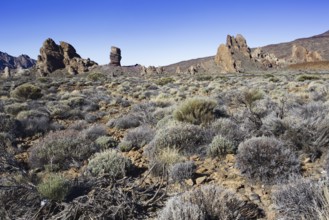 Wide dry landscape with rocky formations, Pico del Teide National Park, La Orotava Tenerife