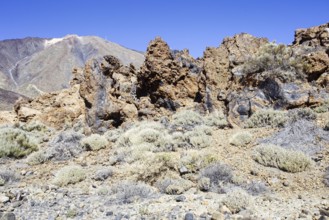 Rock structures in a bare area with views of mountains, Pico del Teide National Park, La Orotava