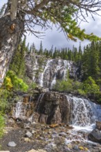 Water flows over the rocky cliffs of tangle creek falls, framed by lush green trees and a cloudy