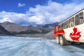 Red and white tourist bus driving on the surface of the athabasca glacier in jasper national park,