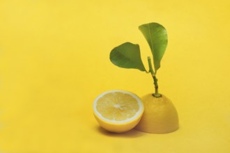 Lemon with leaf, Citrus x limon, yellow background
