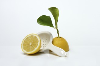 Lemon with leaf, cut in half, Citrus x limon, porcelain strainer