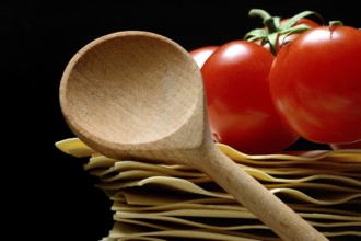 Cooking spoon and lasagna leaves with tomatoes