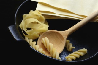 Lasagna leaves, fettuccine and fusilli in pot with cooking spoon
