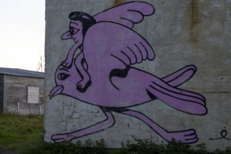 Mural depicting a man riding on a seagull. By Husk Mit Navn. Vardö street art phenomenon created by