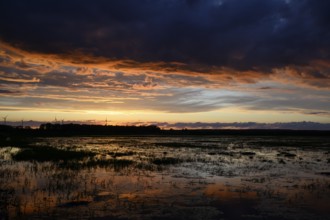 Dramatic sunset over flooded wetlands with wind turbines in the background and saturated shades of