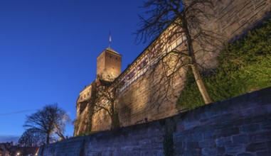 The Nuremberg Kaiserburg in evening lighting, blue evening sky, Mount of Olives, Nuremberg,