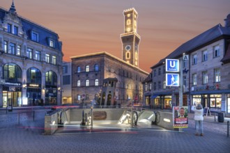 Fürth Town Hall in evening lighting, the tower is imitated the tower of the Palazzo Vecchio in