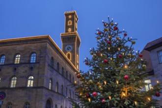 Fürth Town Hall in evening lighting, the tower is imitated the tower of the Palazzo Vecchio in