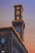 Fürth Town Hall in evening lighting, the tower, is imitated the tower of the Palazzo Vecchio in