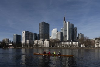 A rowing boat passes on the Main in front of Frankfurt's banking skyline, Mainufer, Frankfurt am