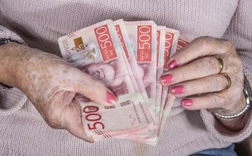 An elderly woman's hands holding Swedish 500-krona banknotes