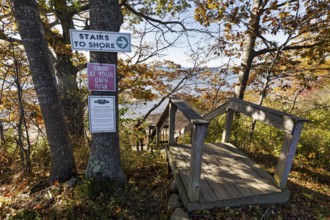 Stairway to beach sign, campground, sustainable farm in Freeport, Wolfe's Neck Center, Maine, New
