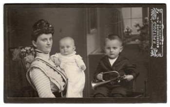 Carte de visite, mother and two small children, toy, trumpet, late 19th century, Brandenburg,
