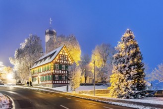 St. Stephen's Church Westerheim in winter with Christmas tree. hoarfrost. Westerheim, Alb-Danube