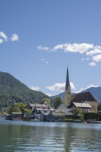 View from Malerwinkel of the village with parish church of St. Lawrence, Rottach-Egern, Upper