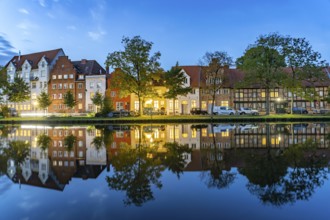 Lübeck's old town and the river Trave at dusk, Lübeck, Schleswig-Holstein, Germany