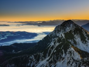 Sunrise in the mountains, view of Salzburg with fog, Hochstaufen, Zwiesel, Bad Reichenhall,