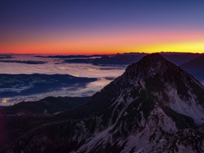 Dawn in the mountains, view of Salzburg with fog, Hochstaufen, Zwiesel, Bad Reichenhall,