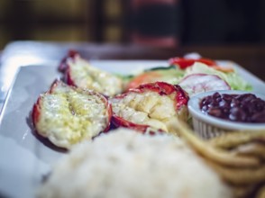 Plate of breaded shrimp with rice on the table with COPY SPACE, menu of breaded shrimp served on