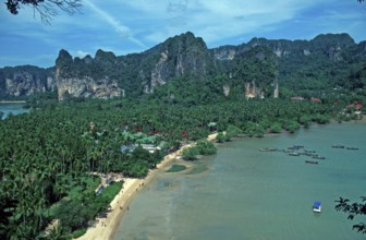 Mountains, sea, beach, boats, view of Railay East from the viewpoint, two years in front of the