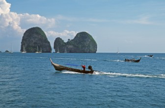 Longtail boats, rocks in the sea, Railay East, two years in front of the tsunami, Krabi, Thailand,
